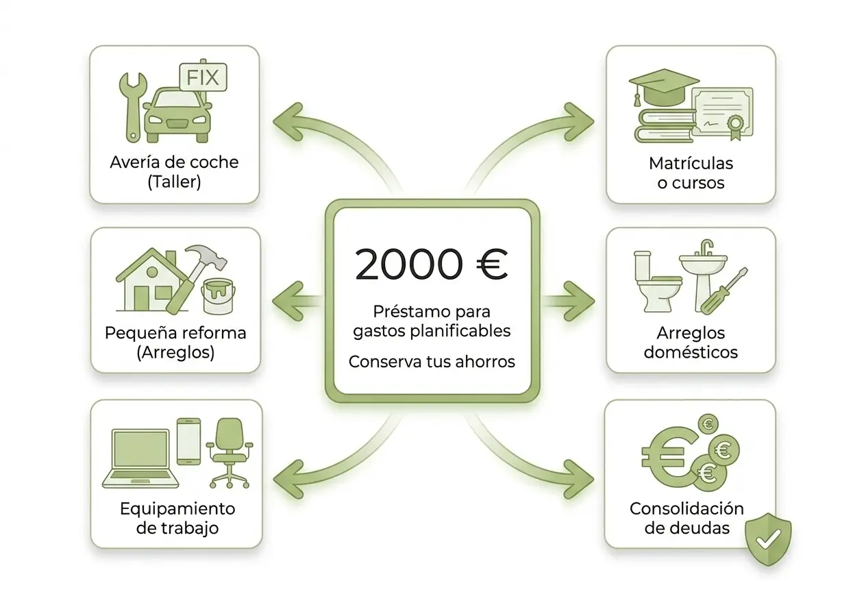 Infografía que los destinos para un préstamo de 2000 euros para gastos planificables, como reparaciones de coche, formación, reformas del hogar, equipamiento laboral y consolidación de deudas.