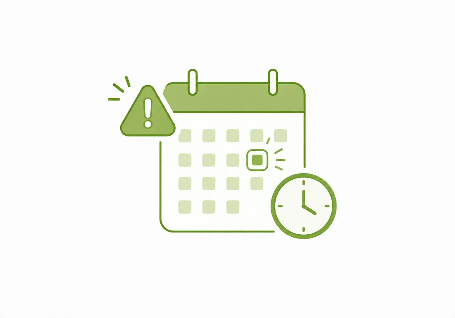 Ilustración de un calendario con una fecha marcada, un reloj y una señal de advertencia.