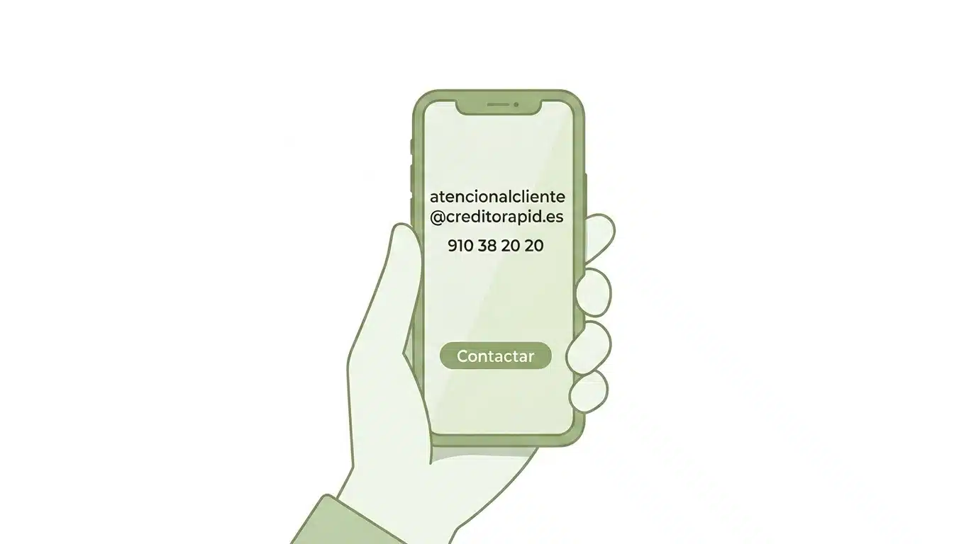 Ilustración de una mano sosteniendo un móvil con datos de contacto de CreditoRapid.