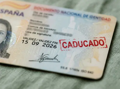 Documento Nacional de Identidad (DNI) español caducado con un sello rojo que dice «CADUCADO»